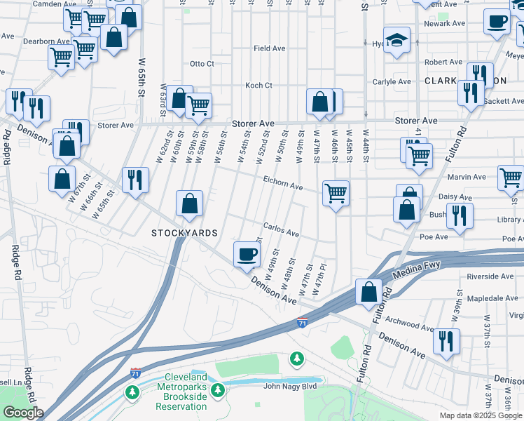 map of restaurants, bars, coffee shops, grocery stores, and more near 3534 West 50th Street in Cleveland