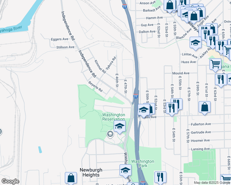 map of restaurants, bars, coffee shops, grocery stores, and more near 3628 Independence Road in Cleveland