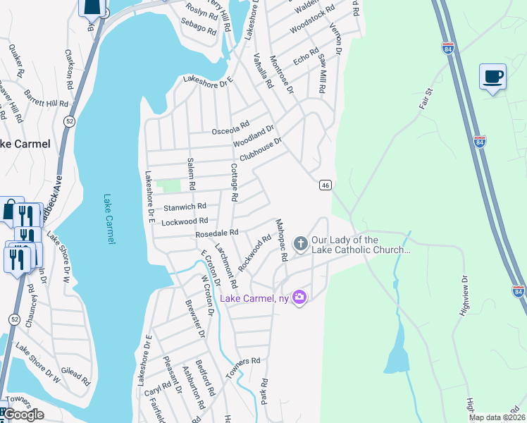 map of restaurants, bars, coffee shops, grocery stores, and more near 21 Amawalk Road in Carmel Hamlet