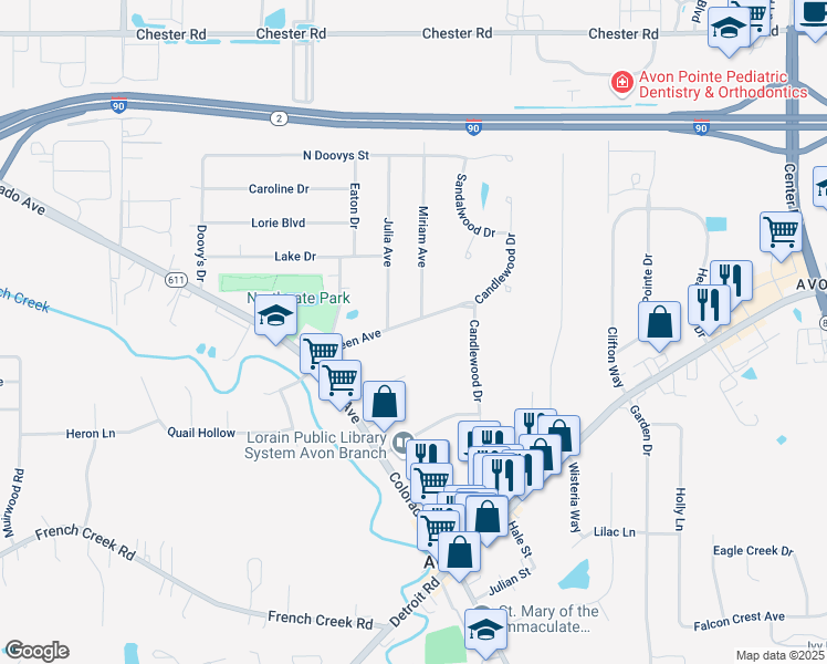 map of restaurants, bars, coffee shops, grocery stores, and more near 37273 Carleen Avenue in Avon