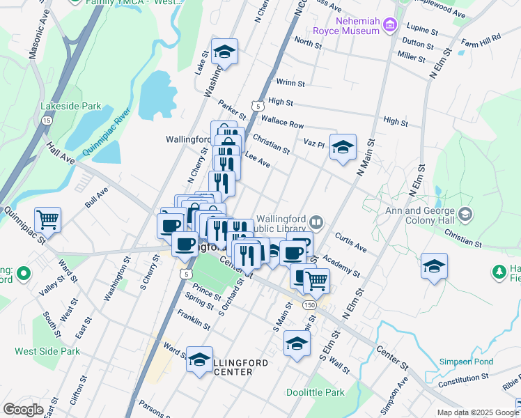 map of restaurants, bars, coffee shops, grocery stores, and more near 73 William Street in Wallingford