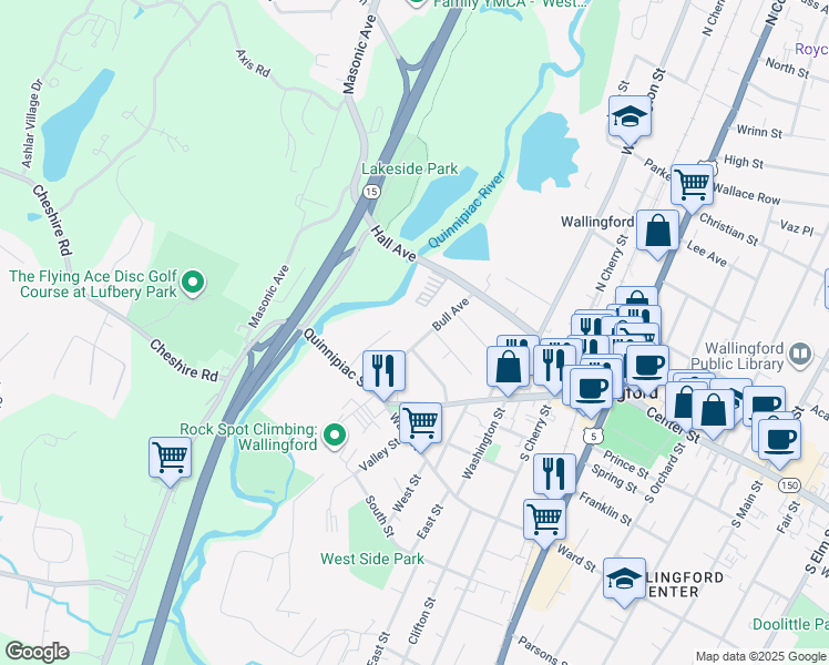map of restaurants, bars, coffee shops, grocery stores, and more near 64 Bull Avenue in Wallingford