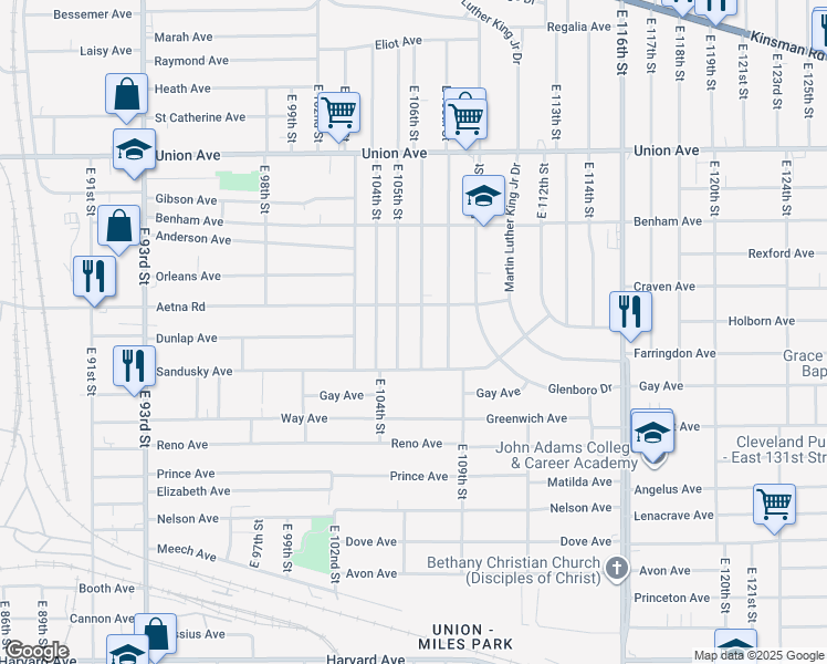 map of restaurants, bars, coffee shops, grocery stores, and more near 3681 East 106th Street in Cleveland