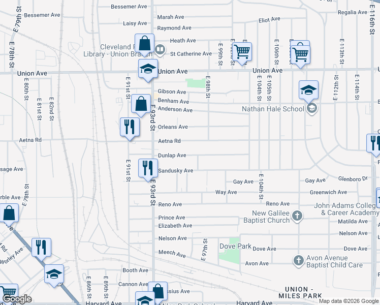 map of restaurants, bars, coffee shops, grocery stores, and more near 9619 Dunlap Avenue in Cleveland
