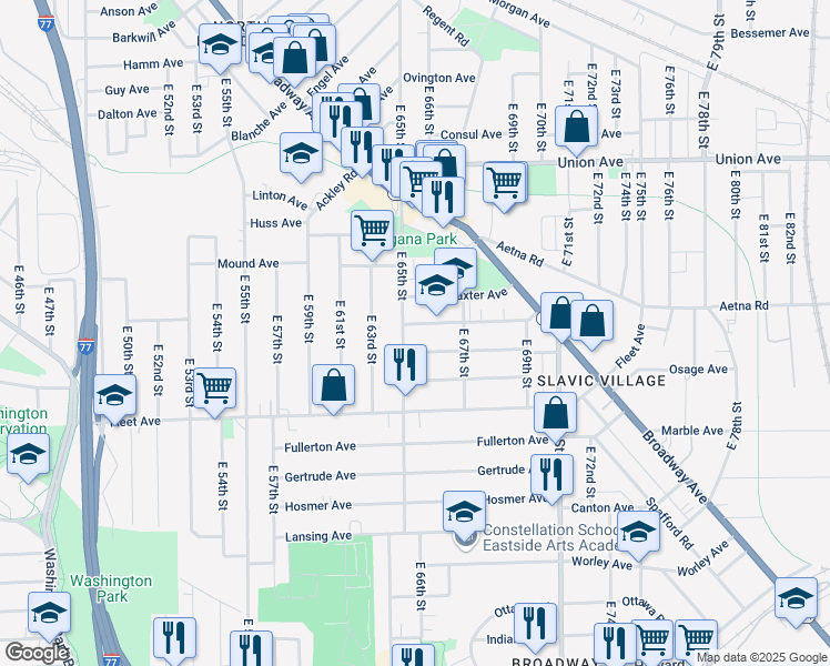 map of restaurants, bars, coffee shops, grocery stores, and more near 3668 East 65th Street in Cleveland