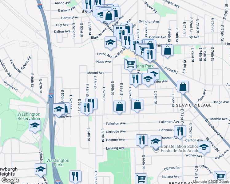 map of restaurants, bars, coffee shops, grocery stores, and more near 3666 East 61st Street in Cleveland
