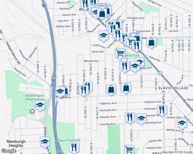 map of restaurants, bars, coffee shops, grocery stores, and more near 3663 East 57th Street in Cleveland