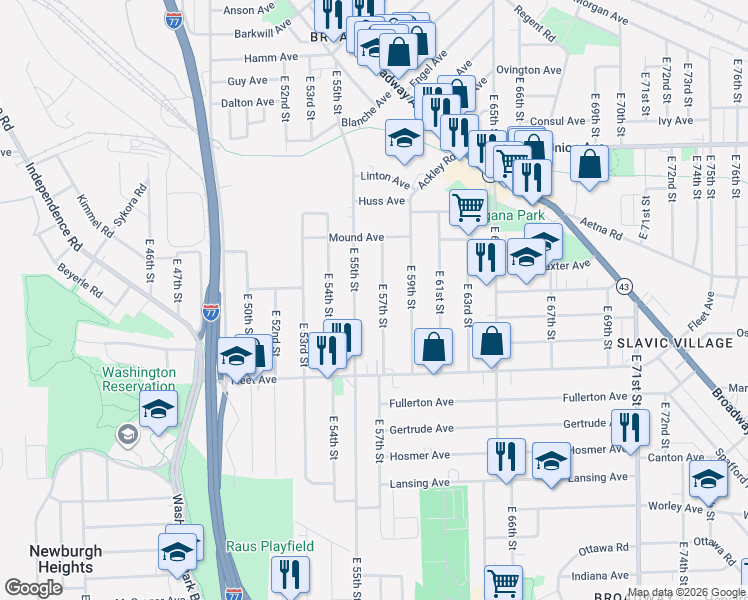 map of restaurants, bars, coffee shops, grocery stores, and more near 3663 East 57th Street in Cleveland