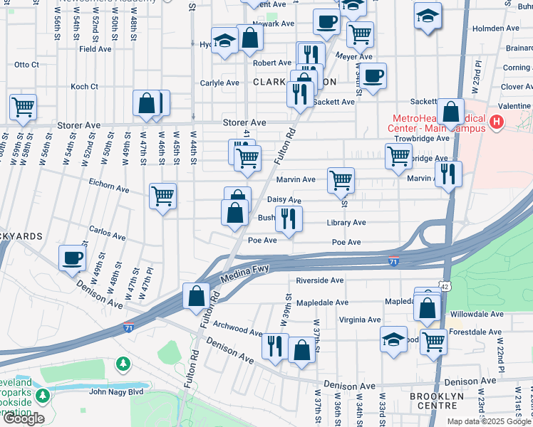 map of restaurants, bars, coffee shops, grocery stores, and more near 3521 Fulton Road in Cleveland