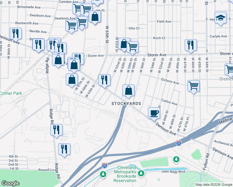 map of restaurants, bars, coffee shops, grocery stores, and more near 5922 Denison Avenue in Cleveland