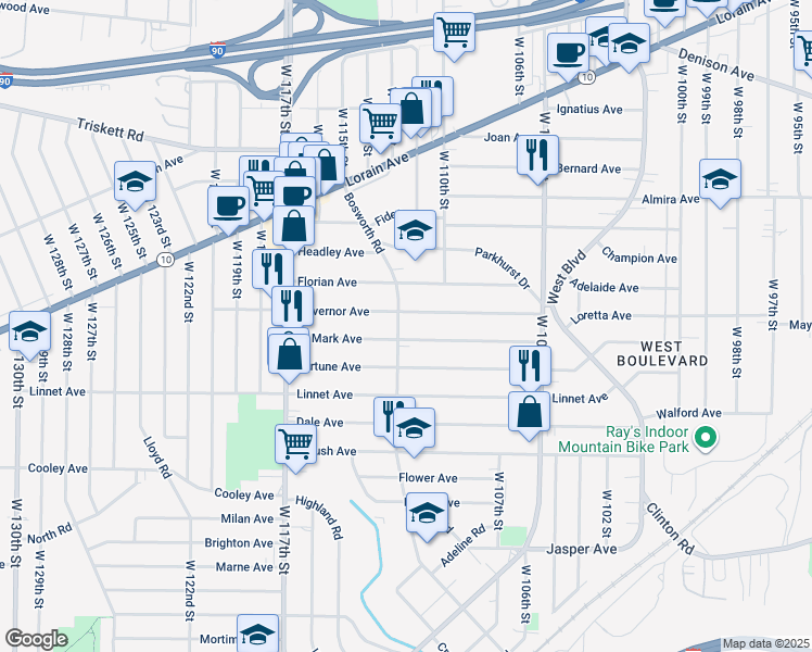 map of restaurants, bars, coffee shops, grocery stores, and more near 11025 Governor Avenue in Cleveland