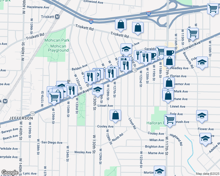 map of restaurants, bars, coffee shops, grocery stores, and more near 3456 West 127th Street in Cleveland