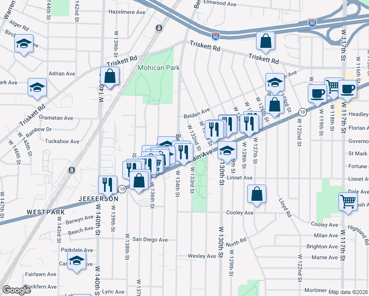 map of restaurants, bars, coffee shops, grocery stores, and more near 3448 West 133rd Street in Cleveland