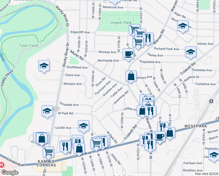 map of restaurants, bars, coffee shops, grocery stores, and more near 3451 Granton Avenue in Cleveland