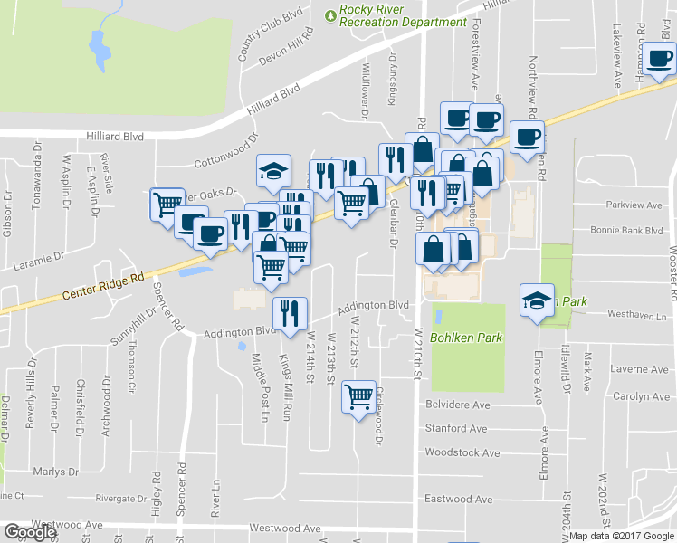 map of restaurants, bars, coffee shops, grocery stores, and more near 3535 West 213th Street in Fairview Park