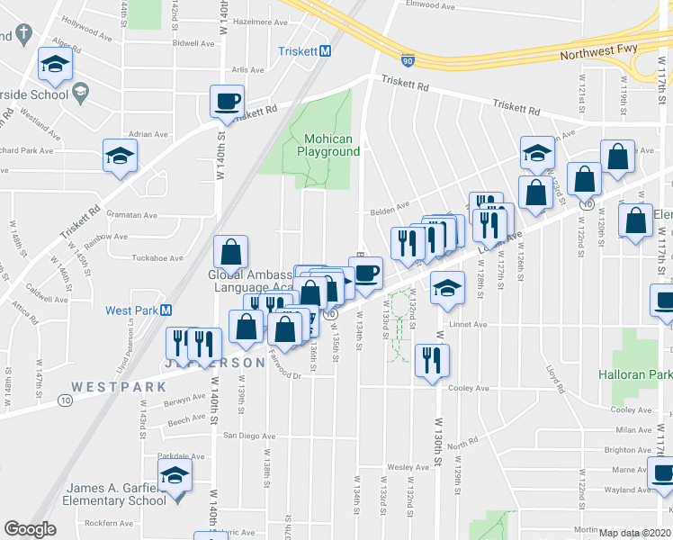 map of restaurants, bars, coffee shops, grocery stores, and more near 3461 West 135th Street in Cleveland