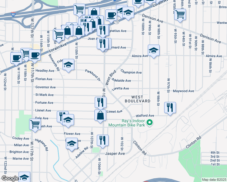 map of restaurants, bars, coffee shops, grocery stores, and more near 3509 West Boulevard in Cleveland