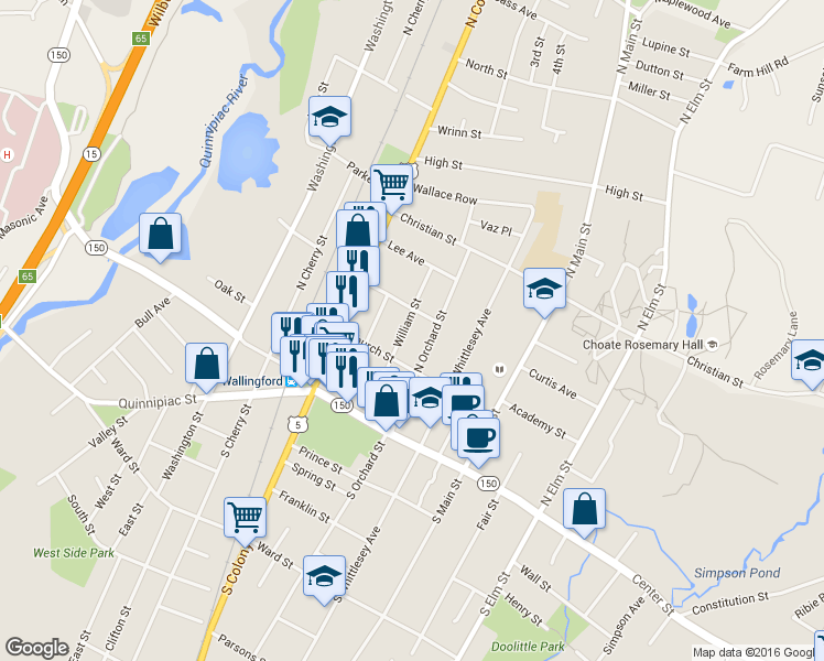 map of restaurants, bars, coffee shops, grocery stores, and more near 73 William Street in Wallingford