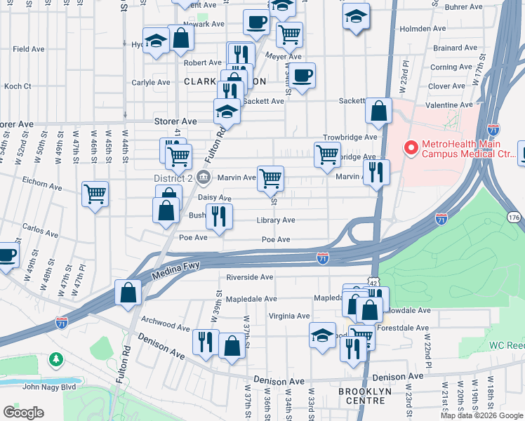 map of restaurants, bars, coffee shops, grocery stores, and more near 3516 Library Avenue in Cleveland