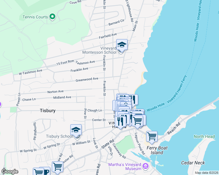 map of restaurants, bars, coffee shops, grocery stores, and more near 33 Woodlawn Avenue in Tisbury