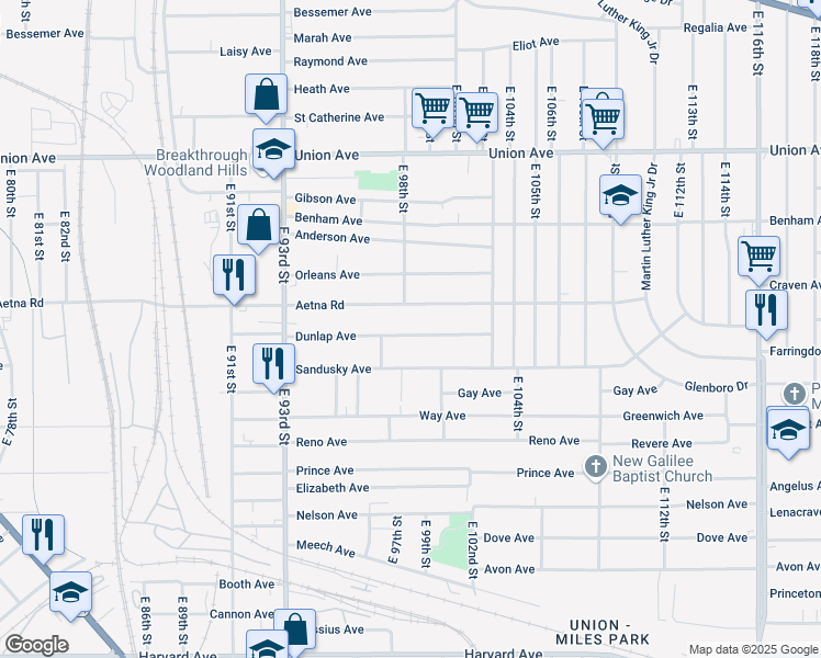 map of restaurants, bars, coffee shops, grocery stores, and more near 9809 Dunlap Avenue in Cleveland