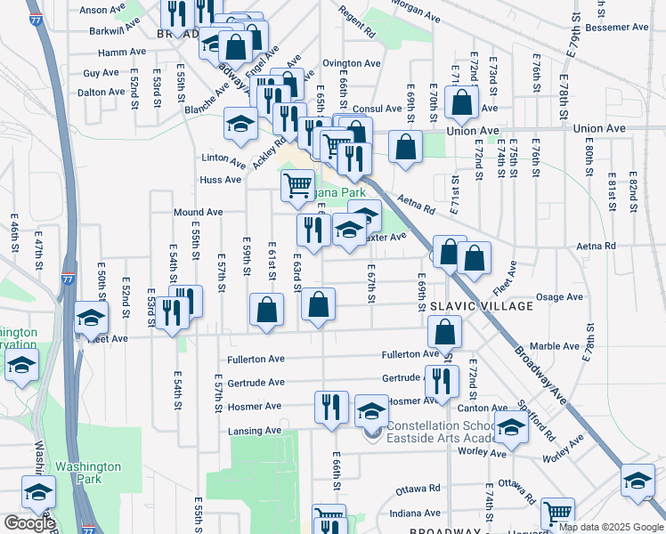 map of restaurants, bars, coffee shops, grocery stores, and more near 3668 East 65th Street in Cleveland