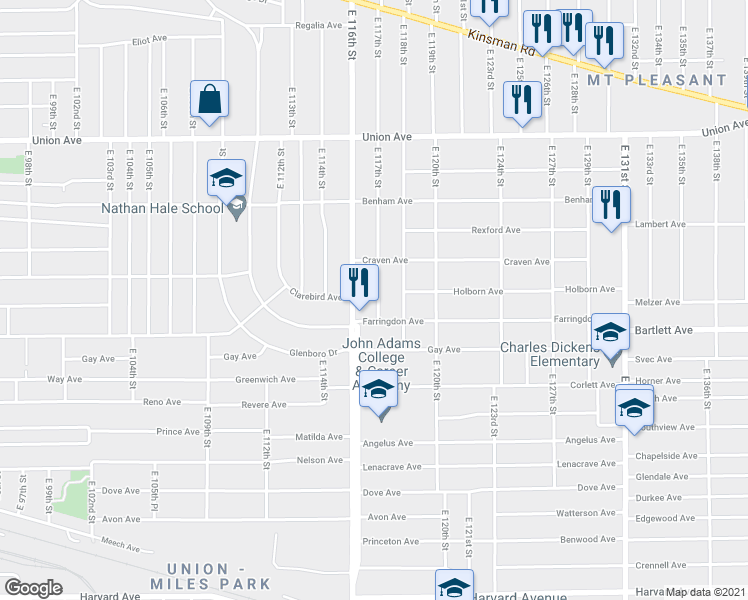 map of restaurants, bars, coffee shops, grocery stores, and more near 3692 East 117th Street in Cleveland