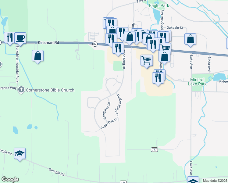 map of restaurants, bars, coffee shops, grocery stores, and more near 15068 Woodsong Drive in Middlefield