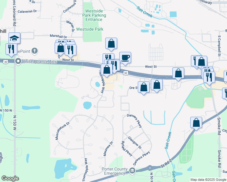 map of restaurants, bars, coffee shops, grocery stores, and more near 1099 Vanderburgh Dr in Valparaiso