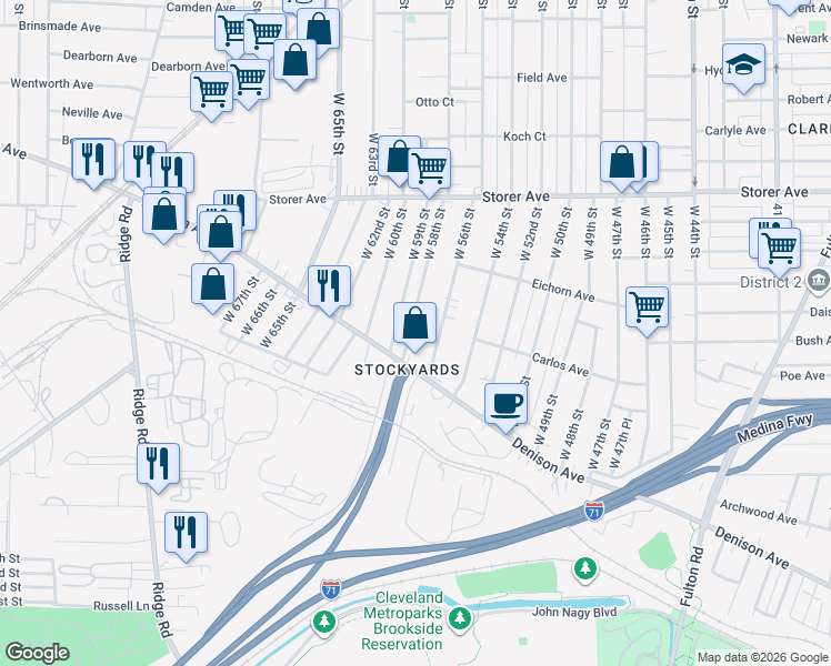map of restaurants, bars, coffee shops, grocery stores, and more near 3522 West 58th Street in Cleveland