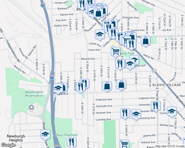 map of restaurants, bars, coffee shops, grocery stores, and more near 3663 East 57th Street in Cleveland