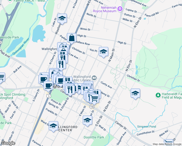 map of restaurants, bars, coffee shops, grocery stores, and more near 119 North Whittlesey Avenue in Wallingford