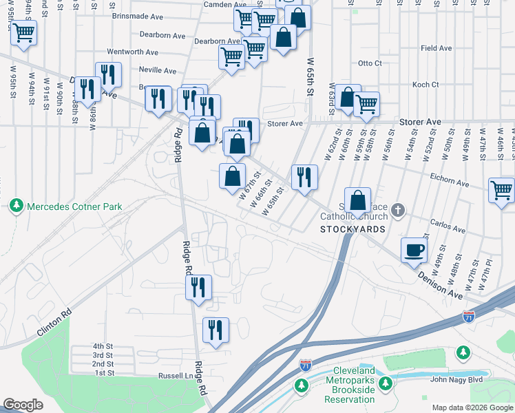 map of restaurants, bars, coffee shops, grocery stores, and more near 3575 West 66th Street in Cleveland