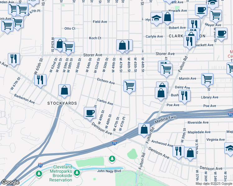 map of restaurants, bars, coffee shops, grocery stores, and more near 3507 West 48th Street in Cleveland