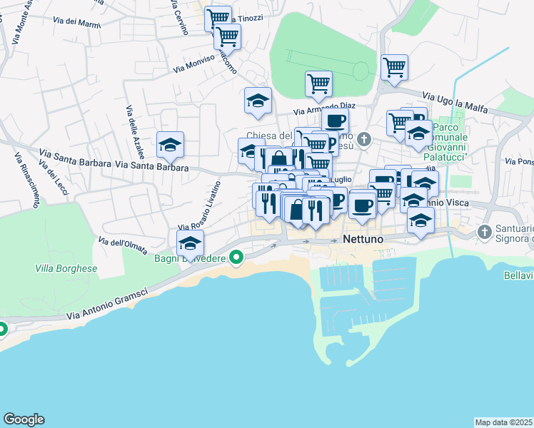 map of restaurants, bars, coffee shops, grocery stores, and more near 15B Via Santa Barbara in Nettuno