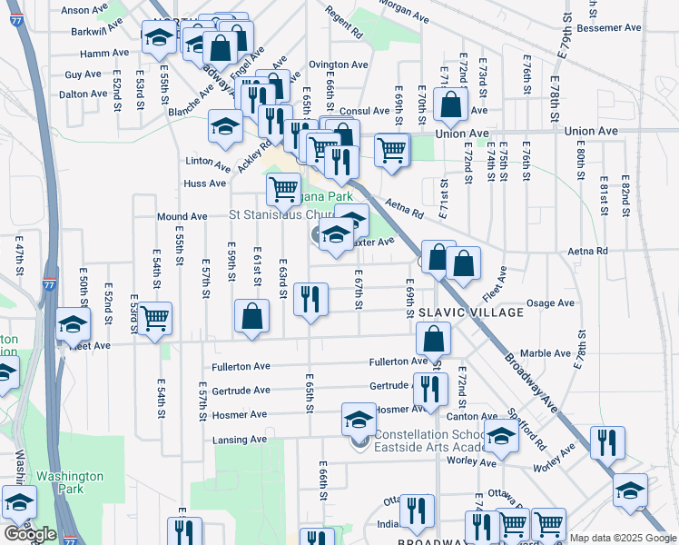 map of restaurants, bars, coffee shops, grocery stores, and more near 6606 Forman Avenue in Cleveland
