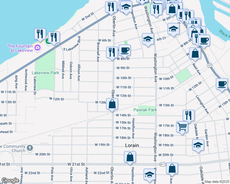 map of restaurants, bars, coffee shops, grocery stores, and more near 1129 Oberlin Avenue in Lorain