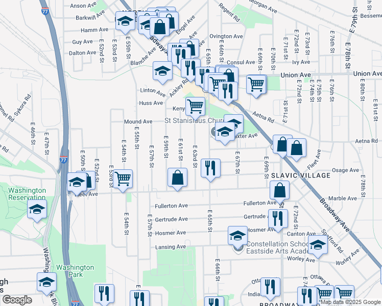 map of restaurants, bars, coffee shops, grocery stores, and more near 3672 East 63rd Street in Cleveland