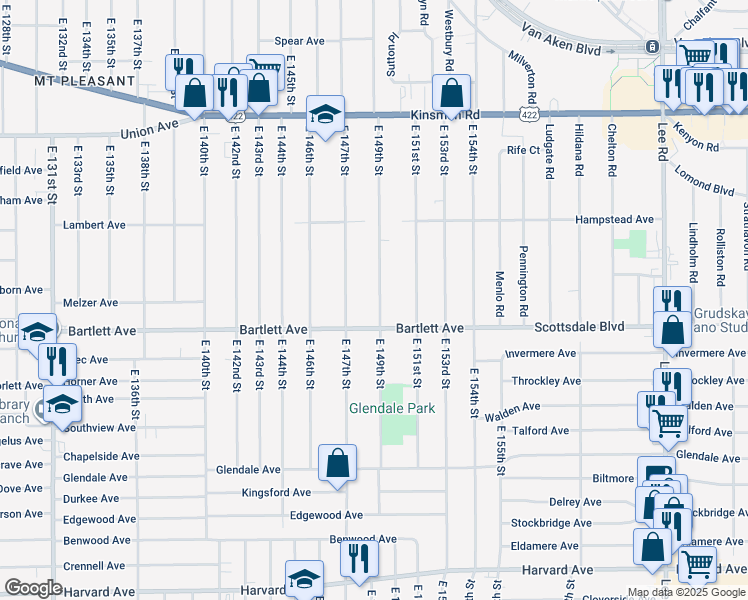 map of restaurants, bars, coffee shops, grocery stores, and more near 3714 East 149th Street in Cleveland