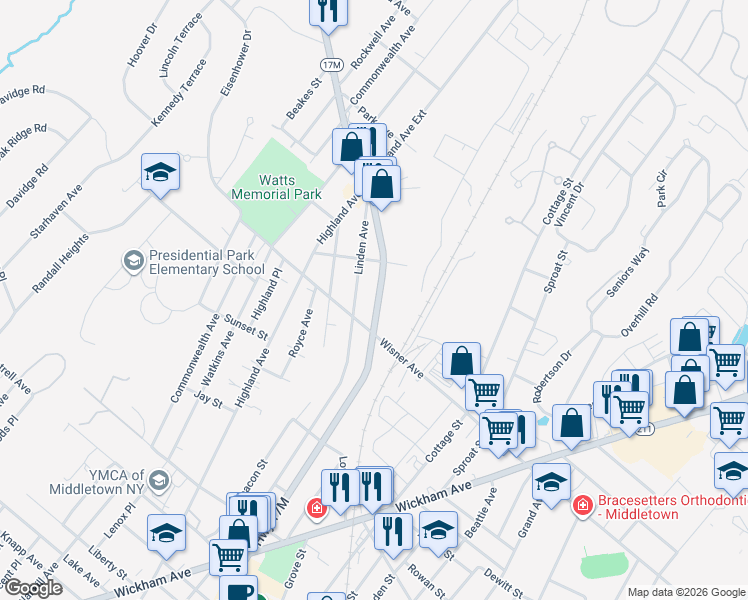 map of restaurants, bars, coffee shops, grocery stores, and more near 380 North Street in Middletown
