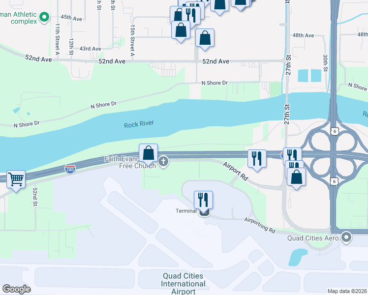 map of restaurants, bars, coffee shops, grocery stores, and more near 2008 South Shore Drive in Moline