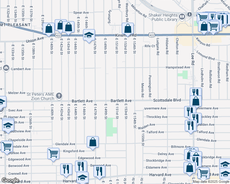 map of restaurants, bars, coffee shops, grocery stores, and more near 3712 East 151st Street in Cleveland