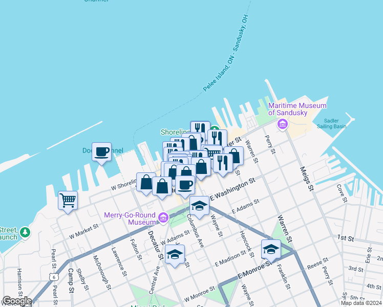 map of restaurants, bars, coffee shops, grocery stores, and more near 221 East Water Street in Sandusky