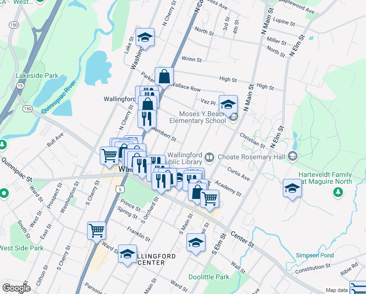 map of restaurants, bars, coffee shops, grocery stores, and more near 123 North Orchard Street in Wallingford