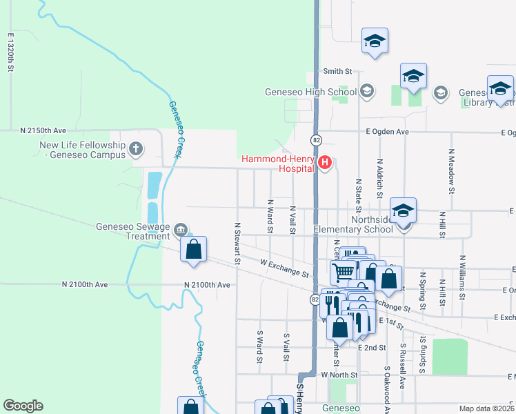 map of restaurants, bars, coffee shops, grocery stores, and more near 545 N Florence St in Geneseo