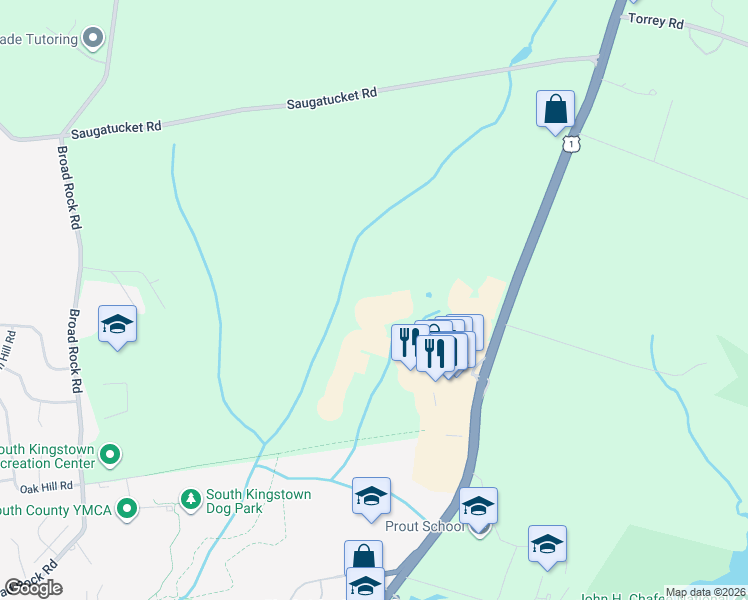 map of restaurants, bars, coffee shops, grocery stores, and more near 58 Grande Brook Circle in South Kingstown