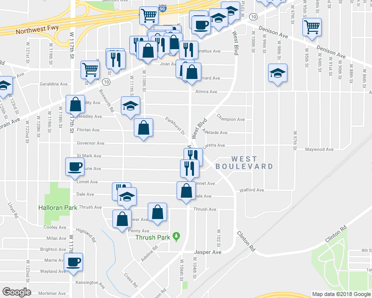 map of restaurants, bars, coffee shops, grocery stores, and more near 3450 West 105th Street in Cleveland