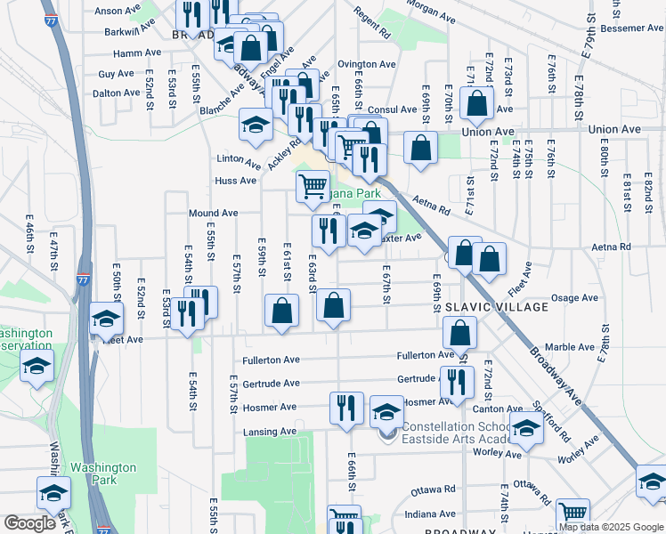 map of restaurants, bars, coffee shops, grocery stores, and more near 3668 East 65th Street in Cleveland
