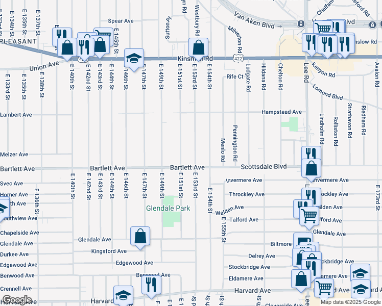 map of restaurants, bars, coffee shops, grocery stores, and more near 3712 E 153rd St in Cleveland