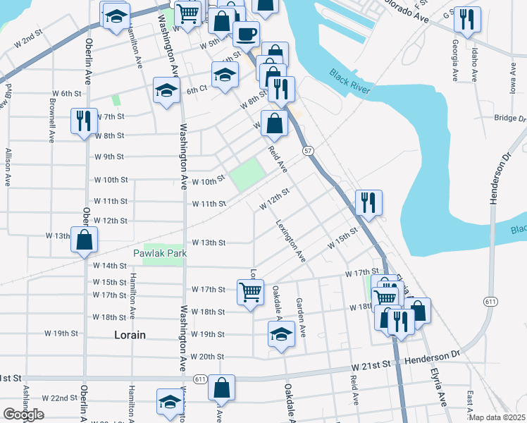 map of restaurants, bars, coffee shops, grocery stores, and more near 525 West 12th Street in Lorain